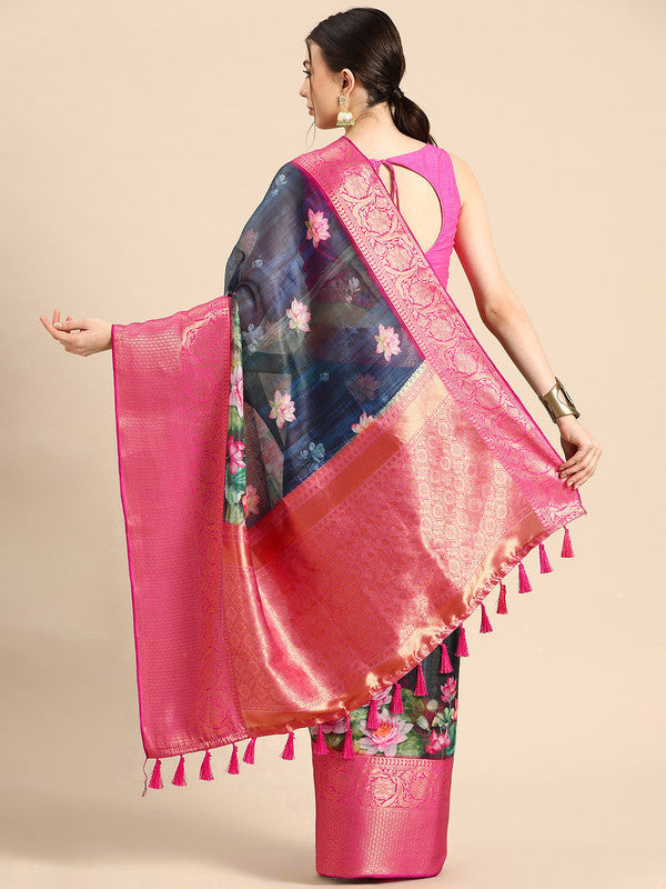 Navy Blue Munga Silk Digital Print Floral Saree with Unstitched Blouse - Hiral Fashion | Grocsy