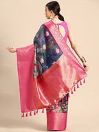 Navy Blue Munga Silk Digital Print Floral Saree with Unstitched Blouse - Hiral Fashion | Grocsy