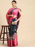 Navy Blue Munga Silk Digital Print Floral Saree with Unstitched Blouse - Hiral Fashion | Grocsy