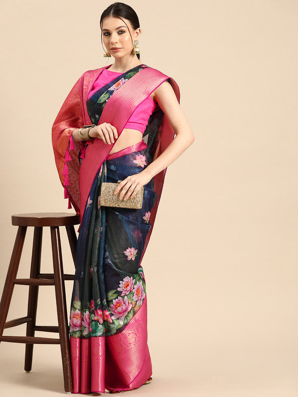 Navy Blue Munga Silk Digital Print Floral Saree with Unstitched Blouse - Hiral Fashion | Grocsy