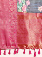 Navy Blue Munga Silk Digital Print Floral Saree with Unstitched Blouse - Hiral Fashion | Grocsy