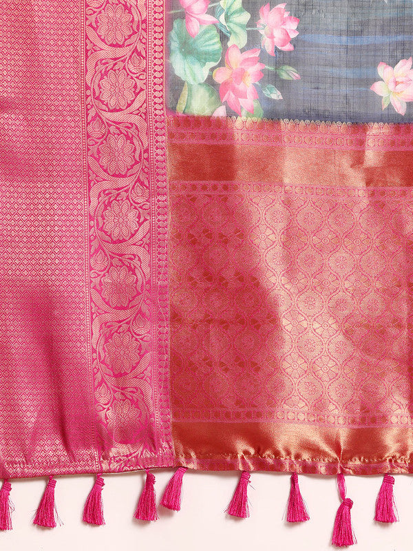 Navy Blue Munga Silk Digital Print Floral Saree with Unstitched Blouse - Hiral Fashion | Grocsy