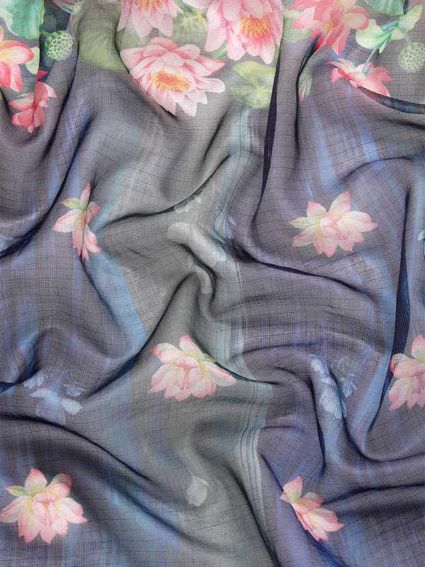 Navy Blue Munga Silk Digital Print Floral Saree with Unstitched Blouse - Hiral Fashion | Grocsy