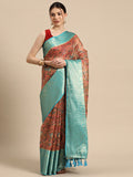 Peach Munga Silk Digital Print Floral Saree with Unstitched Blouse - Hiral Fashion | Grocsy