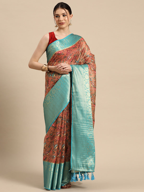Peach Munga Silk Digital Print Floral Saree with Unstitched Blouse - Hiral Fashion | Grocsy