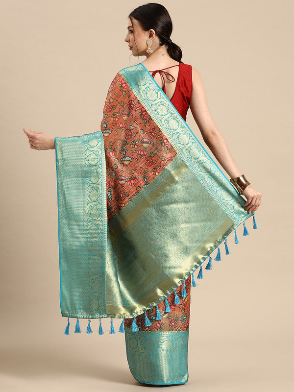 Peach Munga Silk Digital Print Floral Saree with Unstitched Blouse - Hiral Fashion | Grocsy