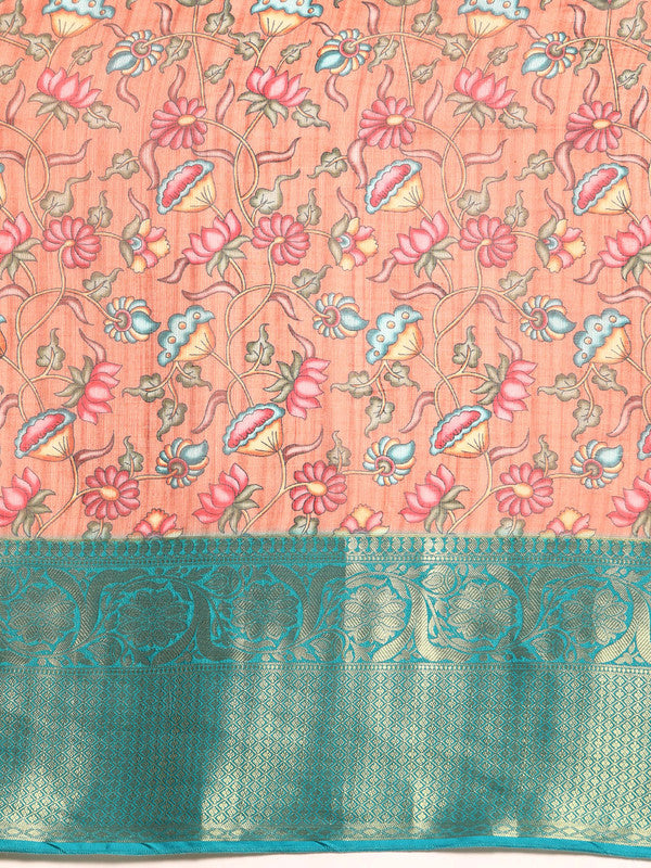 Peach Munga Silk Digital Print Floral Saree with Unstitched Blouse - Hiral Fashion | Grocsy