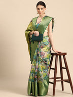Multicolor Munga Silk Digital Print Floral Saree with Unstitched Blouse - Hiral Fashion | Grocsy