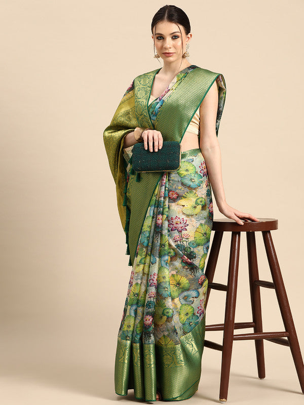 Multicolor Munga Silk Digital Print Floral Saree with Unstitched Blouse - Hiral Fashion | Grocsy
