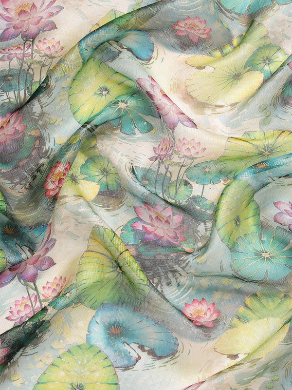 Multicolor Munga Silk Digital Print Floral Saree with Unstitched Blouse - Hiral Fashion | Grocsy