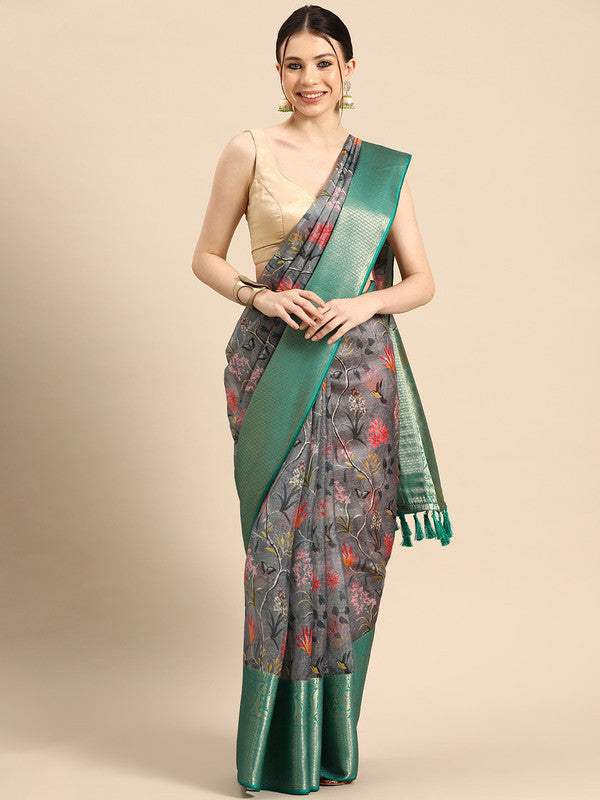 Gray Munga Silk Digital Print Floral Saree with Unstitched Blouse - Hiral Fashion | Grocsy