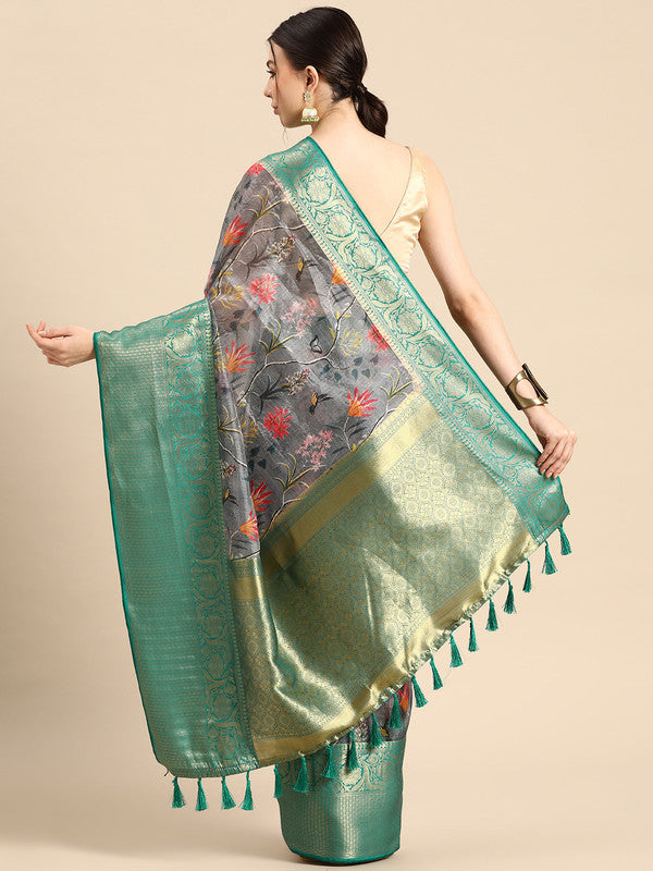 Gray Munga Silk Digital Print Floral Saree with Unstitched Blouse - Hiral Fashion | Grocsy