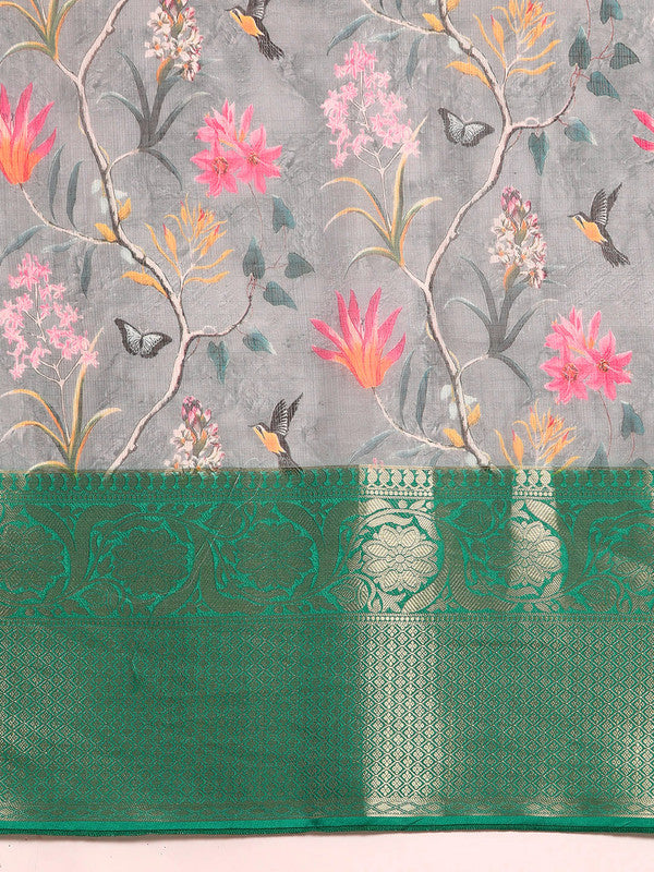 Gray Munga Silk Digital Print Floral Saree with Unstitched Blouse - Hiral Fashion | Grocsy