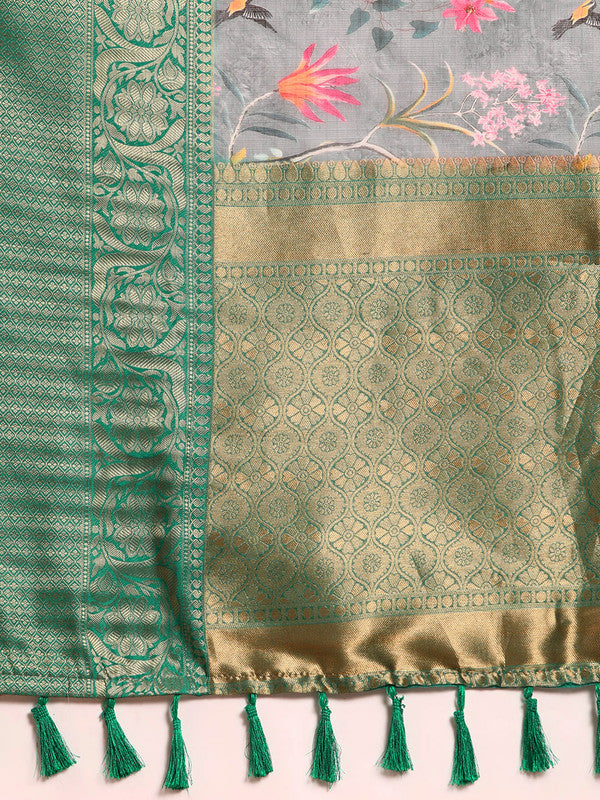 Gray Munga Silk Digital Print Floral Saree with Unstitched Blouse - Hiral Fashion | Grocsy