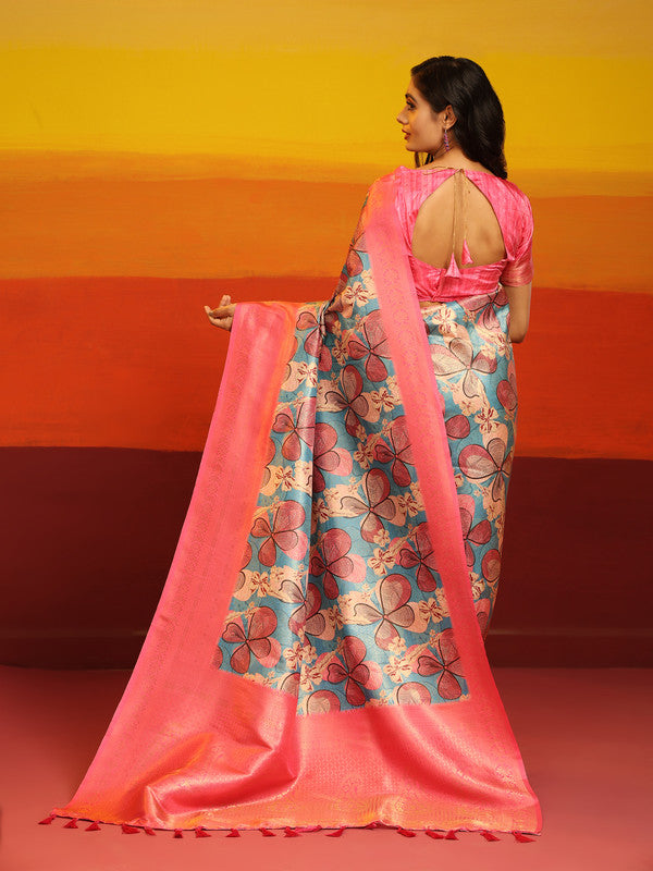 Pink Silk Blend Woven Zari Design Floral Saree with Unstitched Blouse - Hiral Fashion | Grocsy