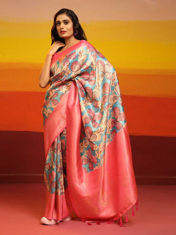 Pink Silk Blend Woven Zari Design Floral Saree with Unstitched Blouse - Hiral Fashion | Grocsy