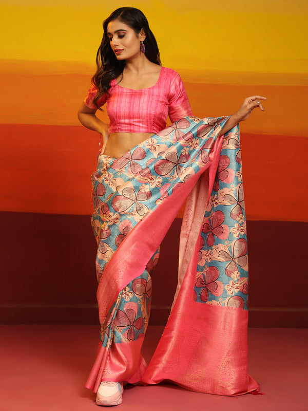 Pink Silk Blend Woven Zari Design Floral Saree with Unstitched Blouse - Hiral Fashion | Grocsy