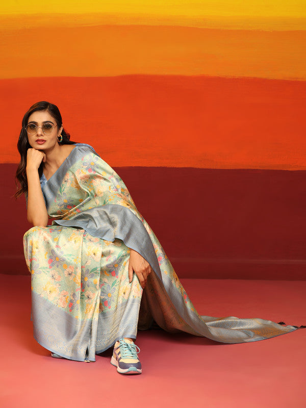 Gray Silk Blend Woven Zari Design Floral Saree with Unstitched Blouse - Hiral Fashion | Grocsy