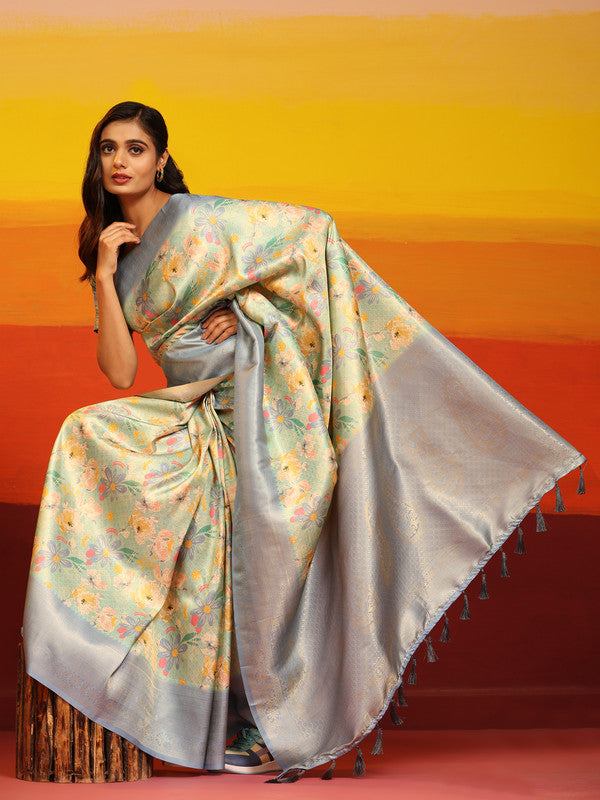 Gray Silk Blend Woven Zari Design Floral Saree with Unstitched Blouse - Hiral Fashion | Grocsy