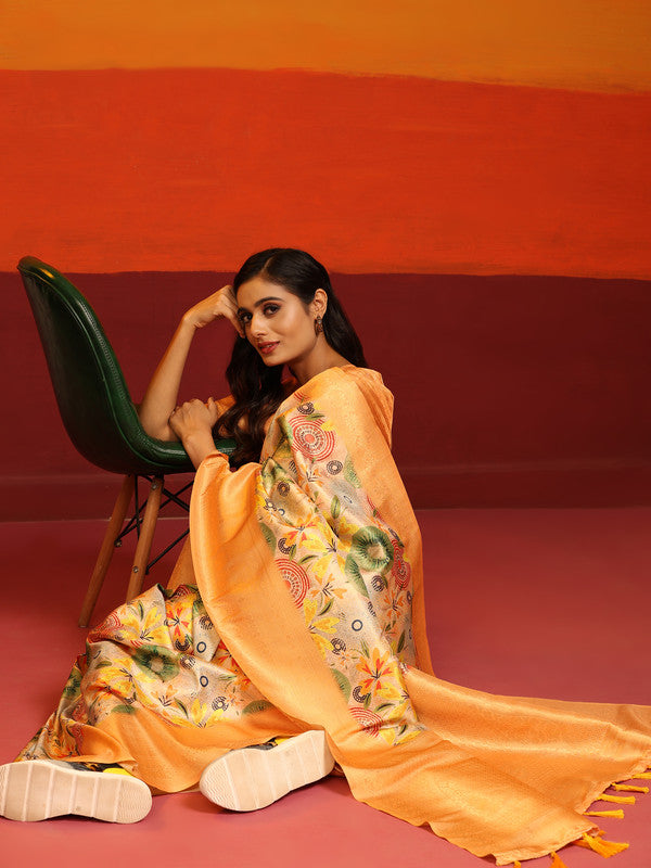 Multicolor Silk Blend Woven Zari Design Floral Saree with Unstitched Blouse - Hiral Fashion | Grocsy