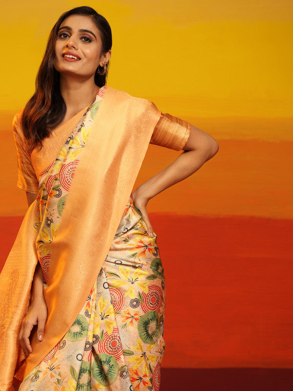 Multicolor Silk Blend Woven Zari Design Floral Saree with Unstitched Blouse - Hiral Fashion | Grocsy