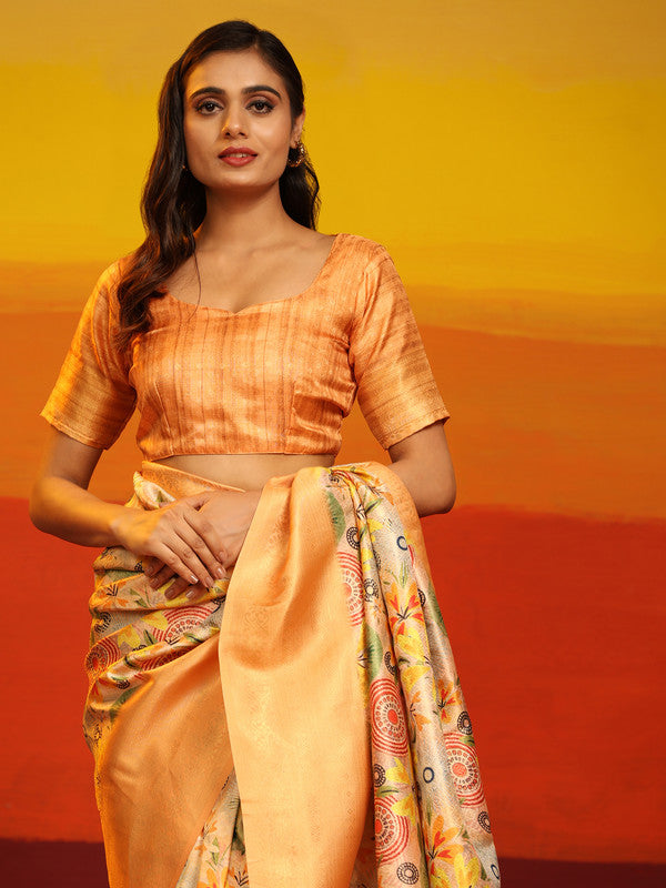 Multicolor Silk Blend Woven Zari Design Floral Saree with Unstitched Blouse - Hiral Fashion | Grocsy