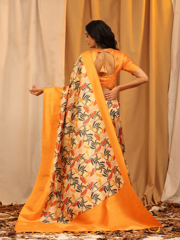 Orange Silk Blend Woven Zari Design Floral Saree with Unstitched Blouse - Hiral Fashion | Grocsy
