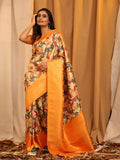 Orange Silk Blend Woven Zari Design Floral Saree with Unstitched Blouse - Hiral Fashion | Grocsy