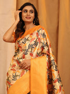 Orange Silk Blend Woven Zari Design Floral Saree with Unstitched Blouse - Hiral Fashion | Grocsy