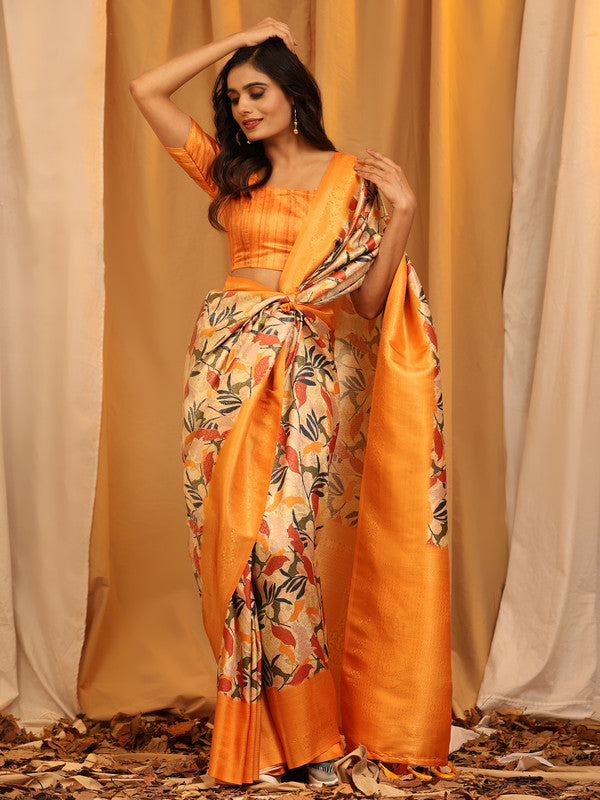 Orange Silk Blend Woven Zari Design Floral Saree with Unstitched Blouse - Hiral Fashion | Grocsy