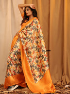Orange Silk Blend Woven Zari Design Floral Saree with Unstitched Blouse - Hiral Fashion | Grocsy