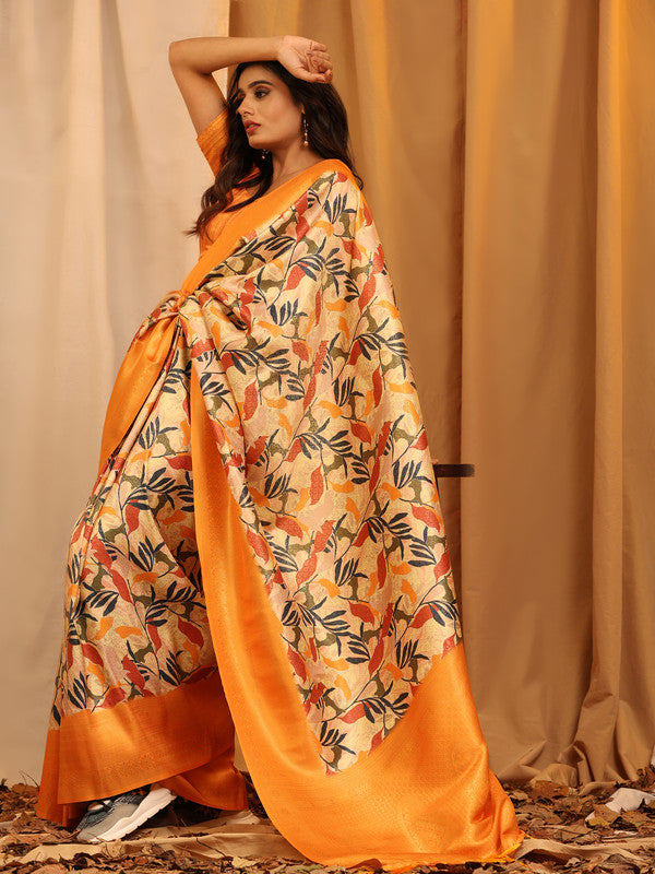 Orange Silk Blend Woven Zari Design Floral Saree with Unstitched Blouse - Hiral Fashion | Grocsy