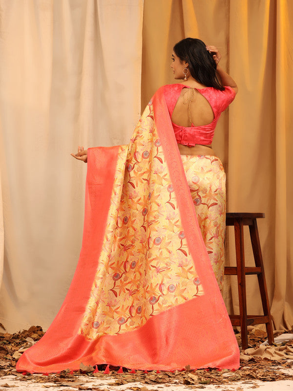 Red Silk Blend Woven Zari Design Floral Saree with Unstitched Blouse - Hiral Fashion | Grocsy