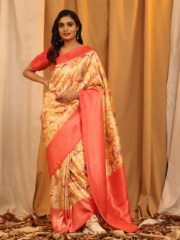 Red Silk Blend Woven Zari Design Floral Saree with Unstitched Blouse - Hiral Fashion | Grocsy