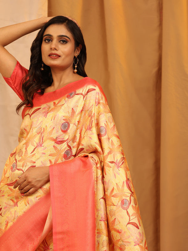 Red Silk Blend Woven Zari Design Floral Saree with Unstitched Blouse - Hiral Fashion | Grocsy