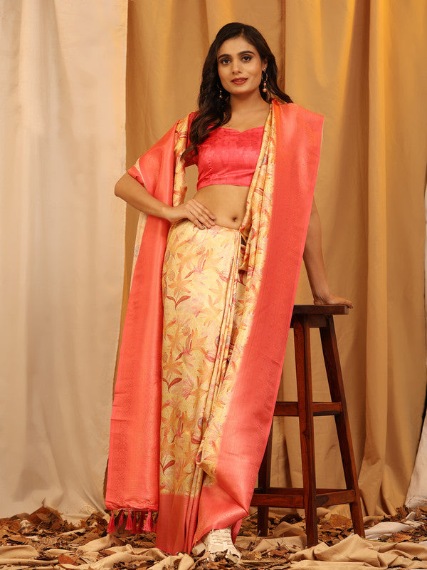 Red Silk Blend Woven Zari Design Floral Saree with Unstitched Blouse - Hiral Fashion | Grocsy