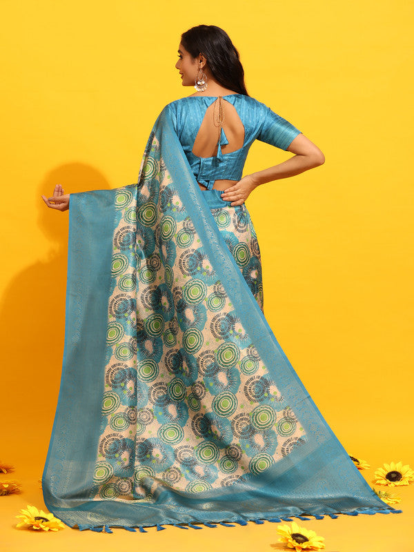 Turquoise Silk Blend Woven Zari Design Floral Saree with Unstitched Blouse - Hiral Fashion | Grocsy