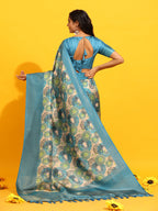 Turquoise Silk Blend Woven Zari Design Floral Saree with Unstitched Blouse - Hiral Fashion | Grocsy