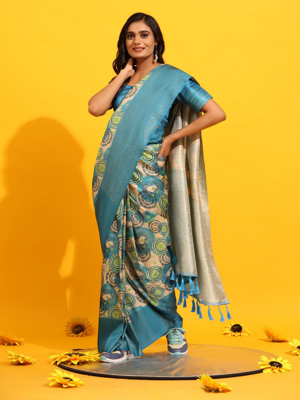 Turquoise Silk Blend Woven Zari Design Floral Saree with Unstitched Blouse - Hiral Fashion | Grocsy