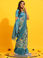 Turquoise Silk Blend Woven Zari Design Floral Saree with Unstitched Blouse - Hiral Fashion | Grocsy
