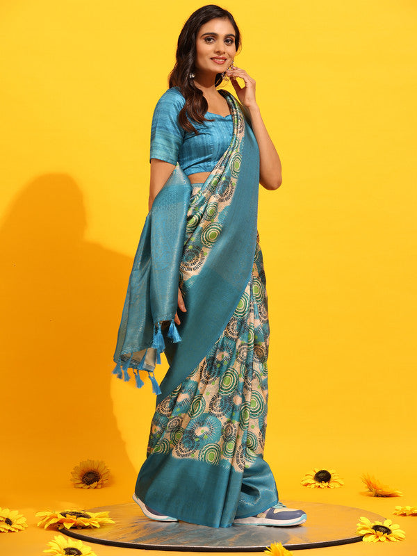 Turquoise Silk Blend Woven Zari Design Floral Saree with Unstitched Blouse - Hiral Fashion | Grocsy