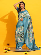 Turquoise Silk Blend Woven Zari Design Floral Saree with Unstitched Blouse - Hiral Fashion | Grocsy