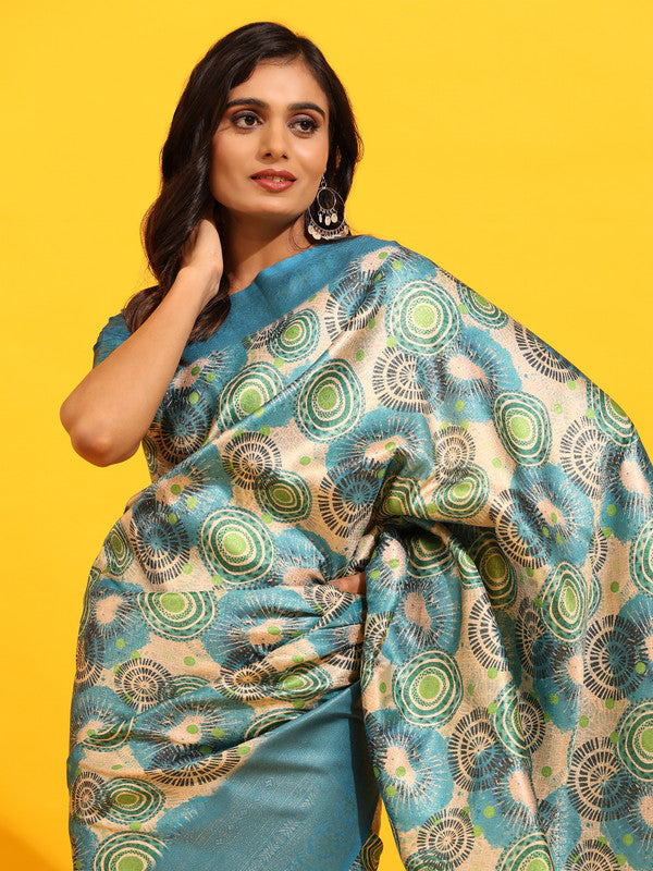 Turquoise Silk Blend Woven Zari Design Floral Saree with Unstitched Blouse - Hiral Fashion | Grocsy