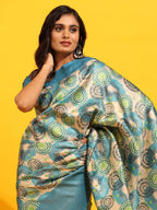 Turquoise Silk Blend Woven Zari Design Floral Saree with Unstitched Blouse - Hiral Fashion | Grocsy