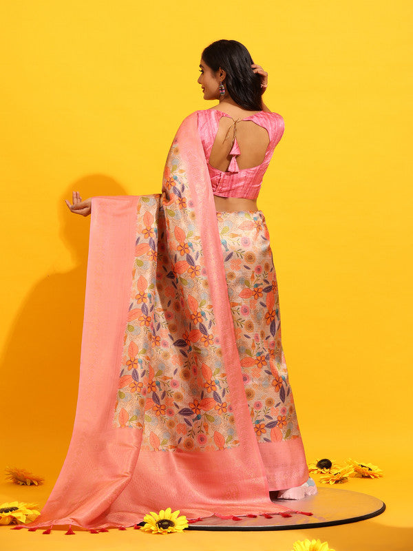 Pink Silk Blend Woven Zari Design Floral Saree with Unstitched Blouse - Hiral Fashion | Grocsy
