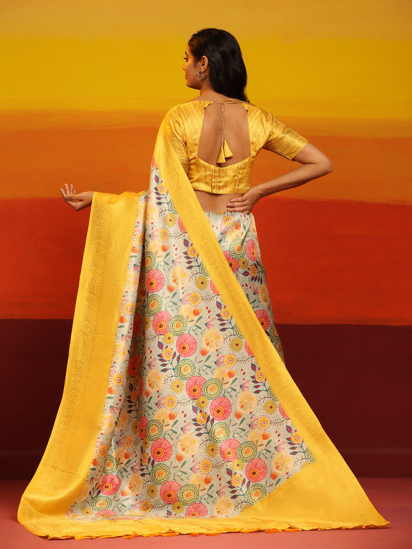 Yellow Silk Blend Woven Zari Design Floral Saree with Unstitched Blouse - Hiral Fashion | Grocsy