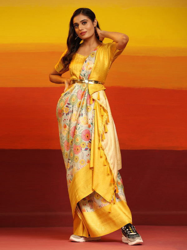 Yellow Silk Blend Woven Zari Design Floral Saree with Unstitched Blouse - Hiral Fashion | Grocsy