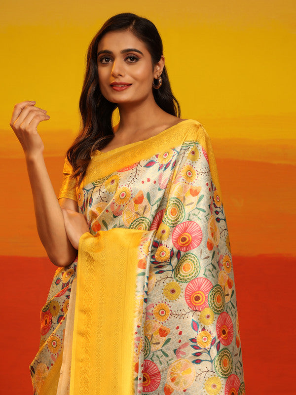 Yellow Silk Blend Woven Zari Design Floral Saree with Unstitched Blouse - Hiral Fashion | Grocsy