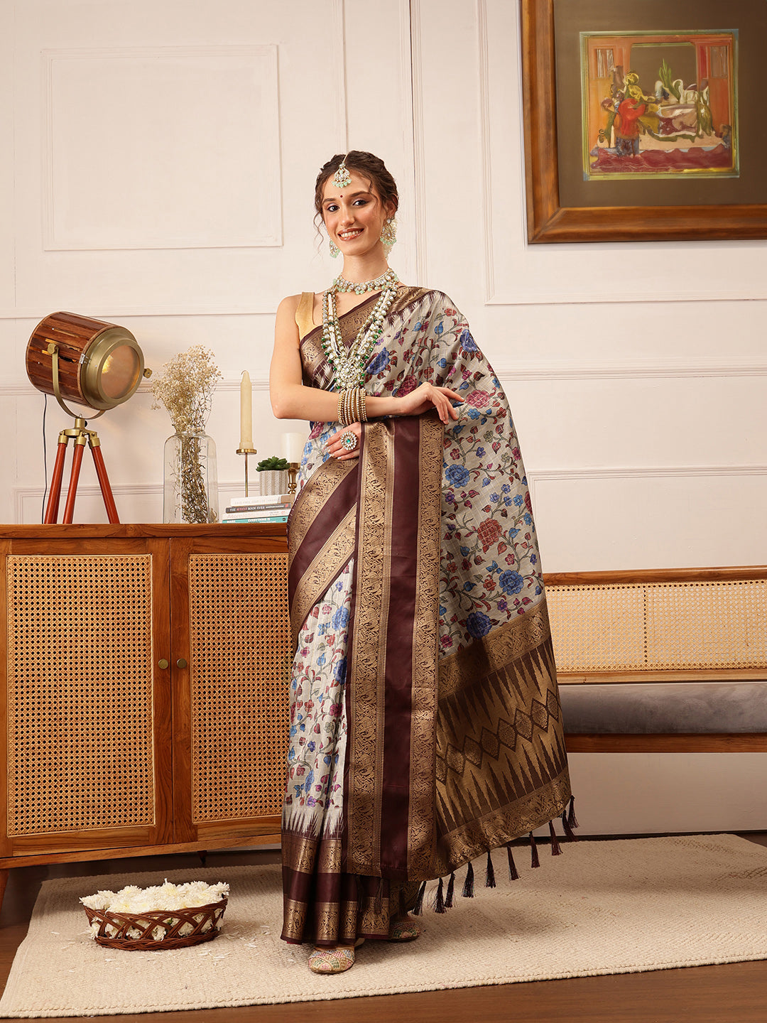 Hiral Fashion Beige Kanjivaram Soft Silk Floral Digital Print Saree | Grocsy