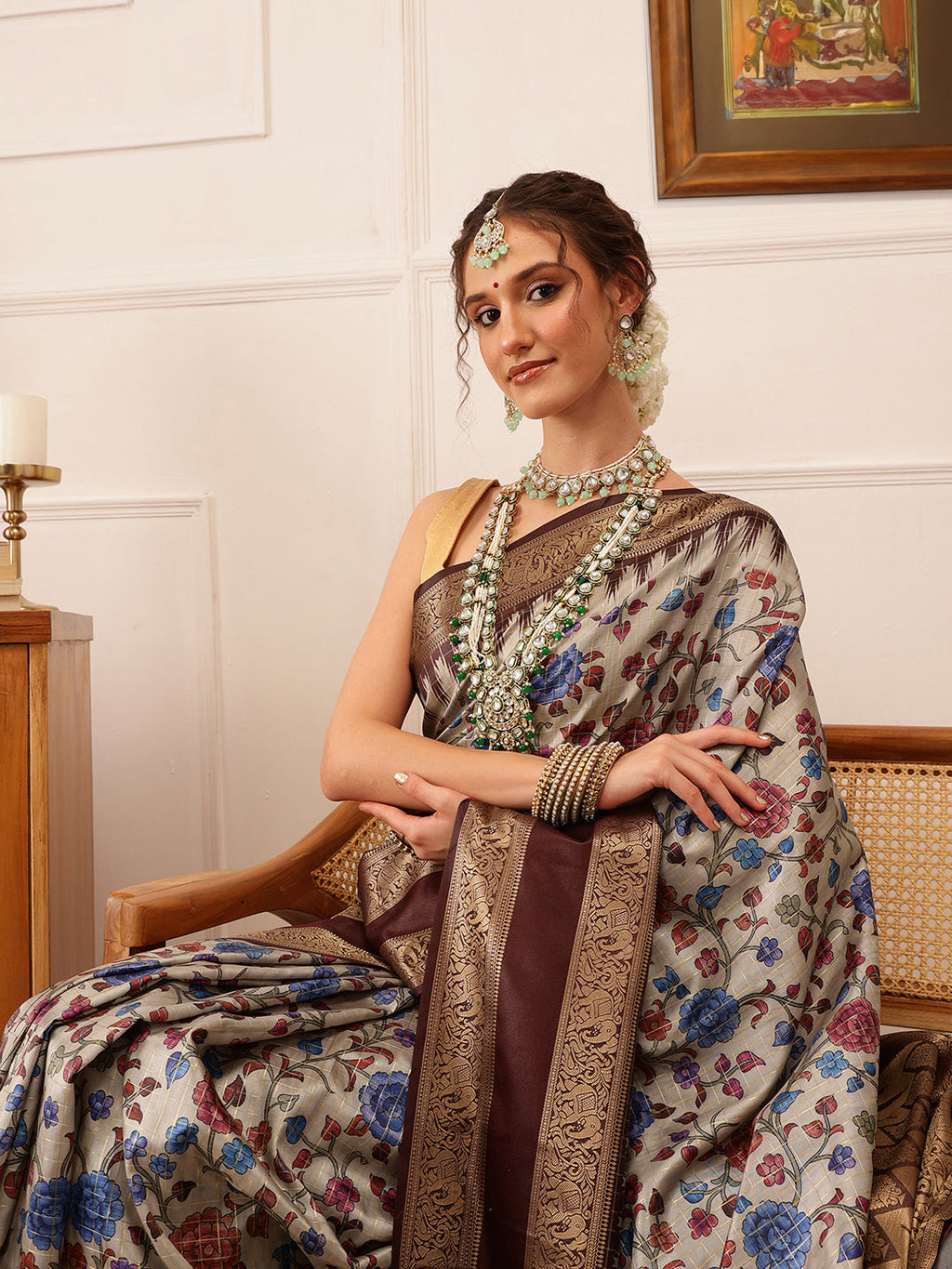 Hiral Fashion Beige Kanjivaram Soft Silk Floral Digital Print Saree | Grocsy